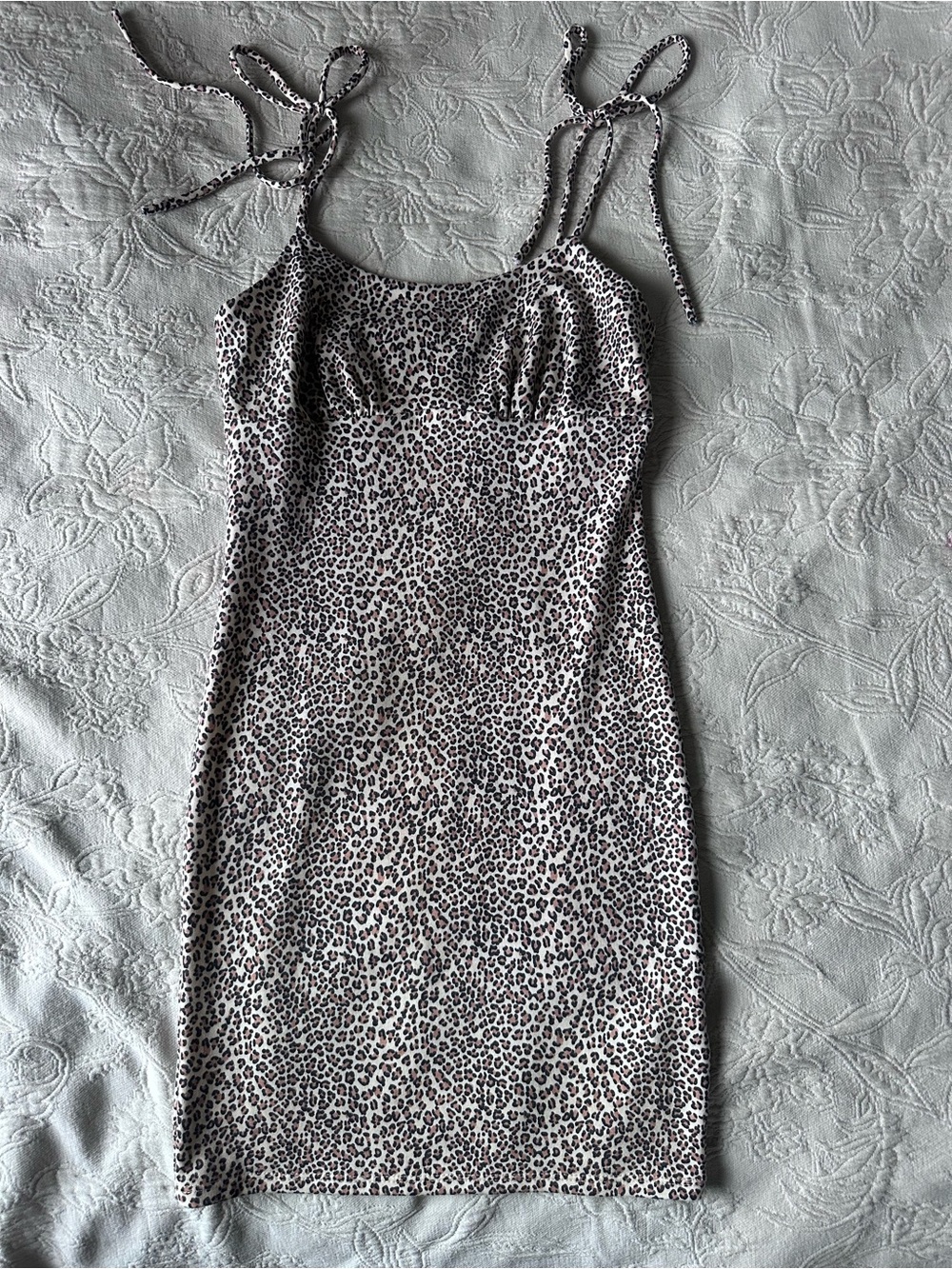 Tie-Shoulder Leopard Print Mini Dress in Beige and Black